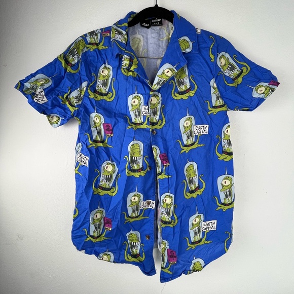 Tops - Cakeworthy x The Simpsons Kang & Kodos Button-Up Shirt Mens Small Blue Alien